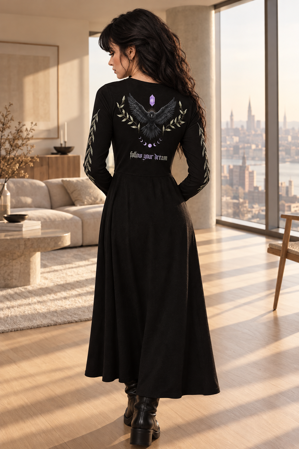 Crystal Raven Midi Dress — Moon Phase Long Sleeve